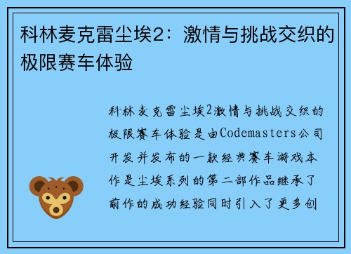科林麦克雷尘埃2：激情与挑战交织的极限赛车体验